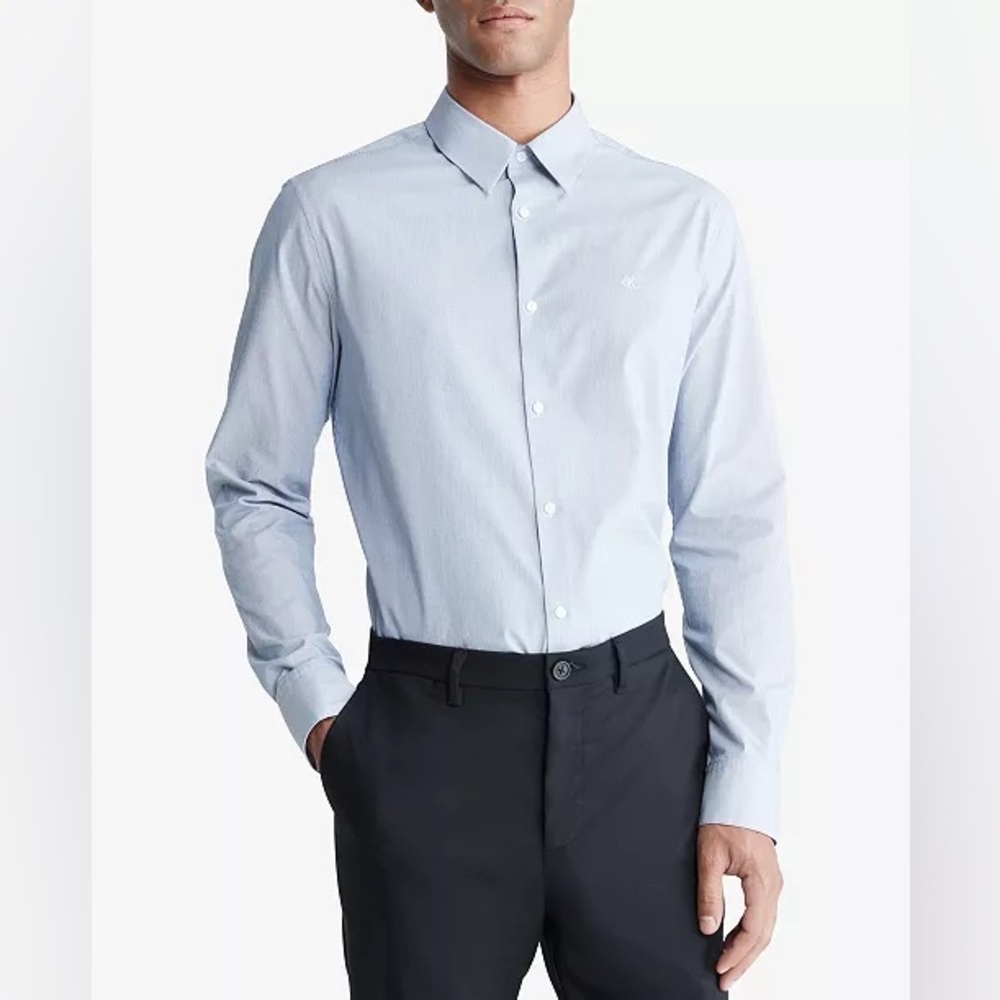 CALVIN KLEIN Men's Slim-Fit Stretch Stripe Button-Down Shirt - Blissful Blue -XS